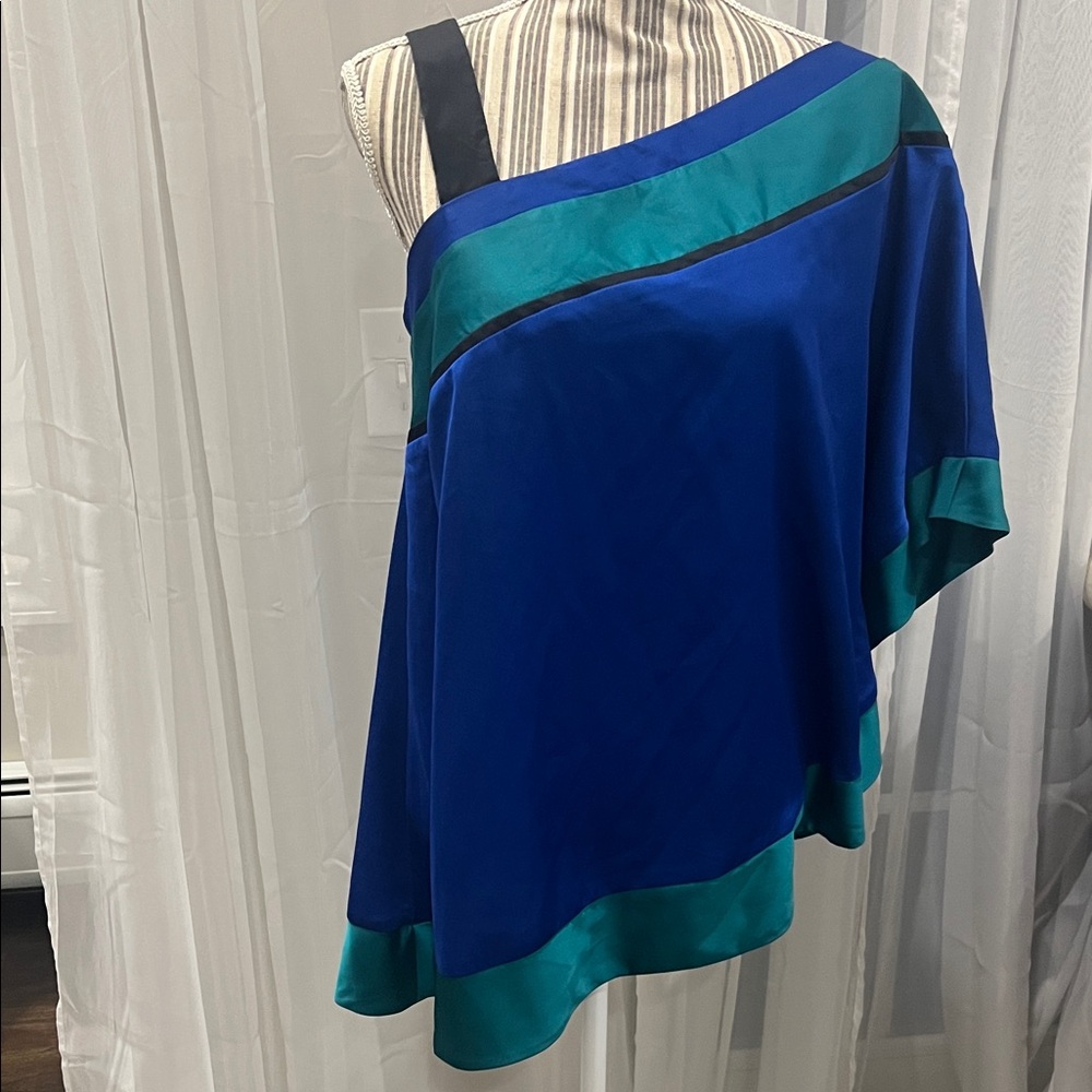 Nicole Miller Blue and Teal One-Shoulder Blouse